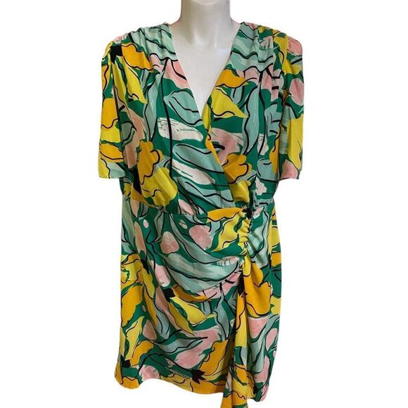 Maggy London Floral Printed Flutter Sleeve Dress Ruched Side Front Skirt Sz 16W - Picture 2 of 11